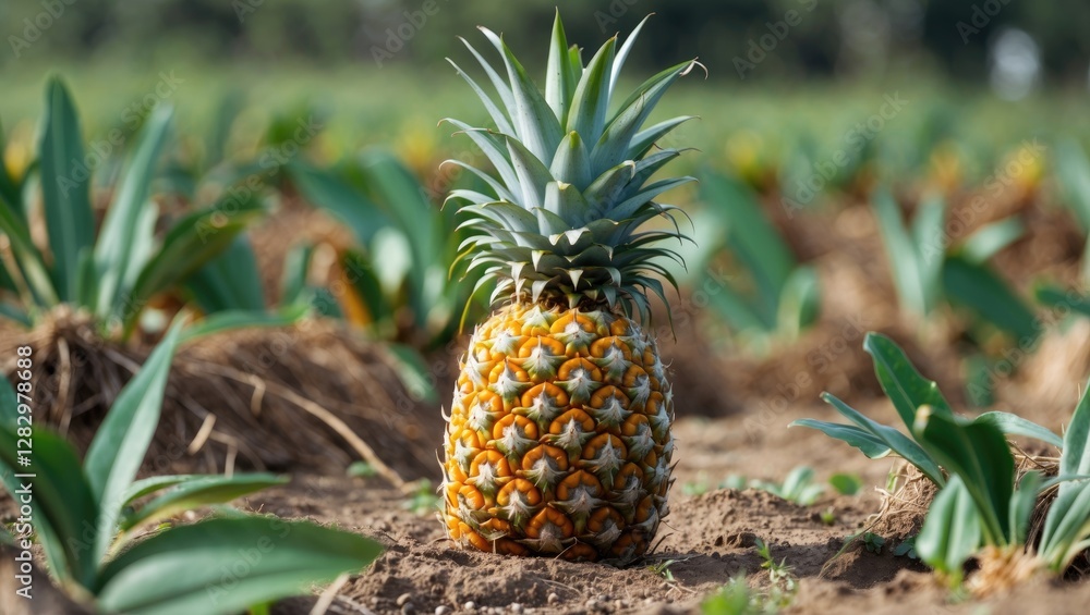 Pineapple fruit growing in a field with green leaves and natural sunlight highlighting the agricultural landscape. Pineapple fruit growing in a field with green leaves and natural sunlight highlighting the agricultural landscape.