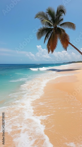 Idyllic beach with palm tree and clear waters. photo