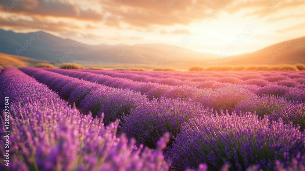 Fototapeta premium Lavender field under a vibrant sunset sky.