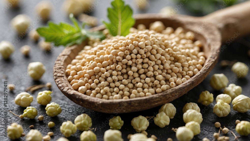 Spoon filled with white millet grains surrounded by popped millet and green leaves on dark textured surface Spoon filled with white millet grains surrounded by popped millet and green leaves on dark textured surface