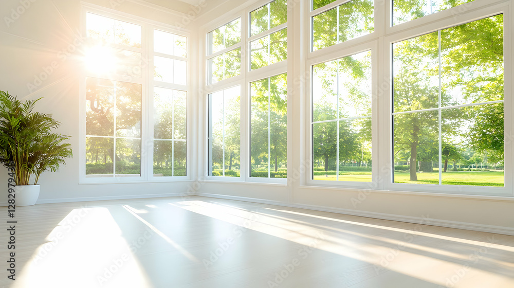 Fototapeta premium Sunlit modern home interior with large windows overlooking a lush green park; ideal for real estate or home design marketing