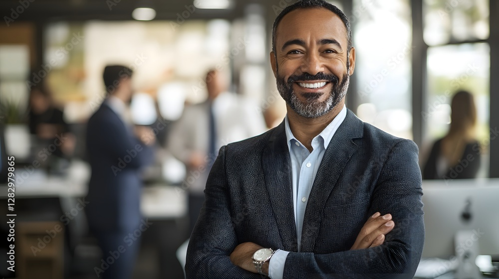 Portrait of a cheerful well dressed middle aged man posing with his arms crossed with blurred colleagues and office equipment visible in the background Portrait of a cheerful well dressed middle aged man posing with his arms crossed with blurred colleagues and office equipment visible in the background