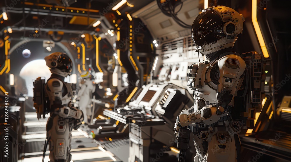 Fototapeta premium Astronauts inside a Mars base, interacting with advanced robotic assistants