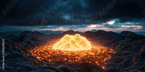 A vibrant explosion illuminates a dark landscape, showcasing fiery sparks amidst looming clouds, creating a dramatic and intense atmosphere.