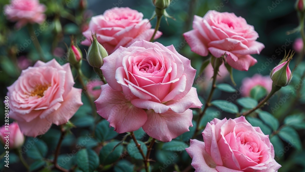 Pink roses in full bloom surrounded by green leaves showcasing the beauty of nature in a garden setting Pink roses in full bloom surrounded by green leaves showcasing the beauty of nature in a garden setting