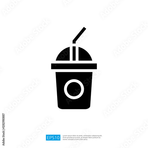 Graphic Icon of Cold Beverage in Plastic Cup with Straw Representing Refreshing Drink for Summer Enjoyment