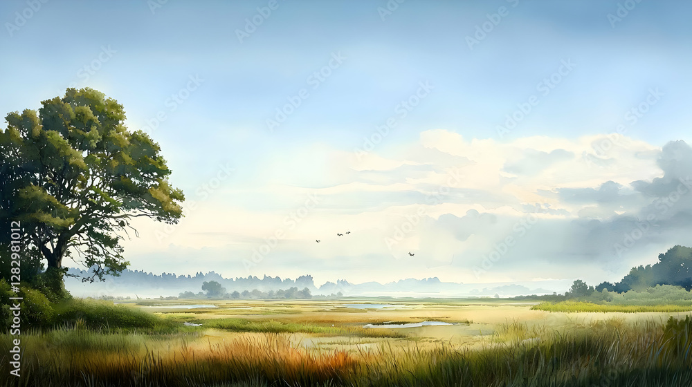 Idyllic Landscape View of a Field With Tree Under the Clear Blue Sky and Sunlight Idyllic Landscape View of a Field With Tree Under the Clear Blue Sky and Sunlight