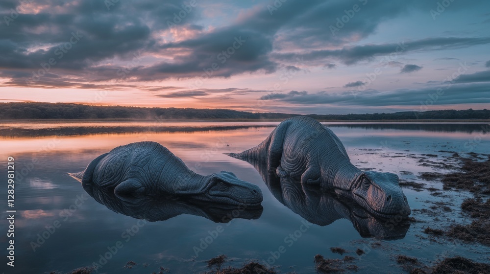 Fototapeta premium A surreal landscape featuring two colossal creatures resting by the water. The sky is painted with beautiful hues at dawn. A moment of calm and wonder. Generative AI