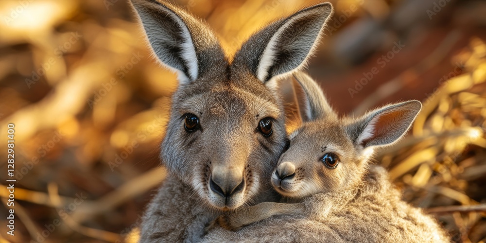 Fototapeta premium Kangaroo mother embracing joey in australian outback at sunset