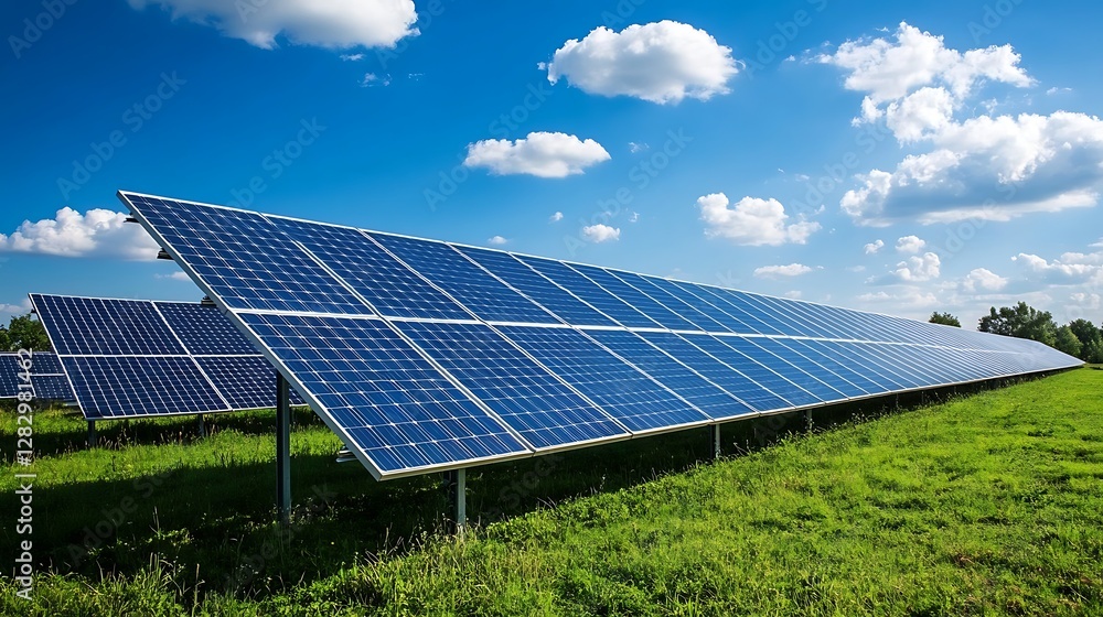 Solar panels on a green field, sustainable development renewable resource Solar panels on a green field, sustainable development renewable resource
