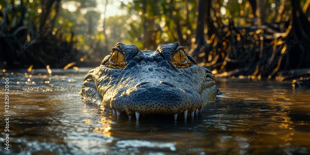 Fototapeta premium Saltwater crocodile emerging from the water in australia at sunset
