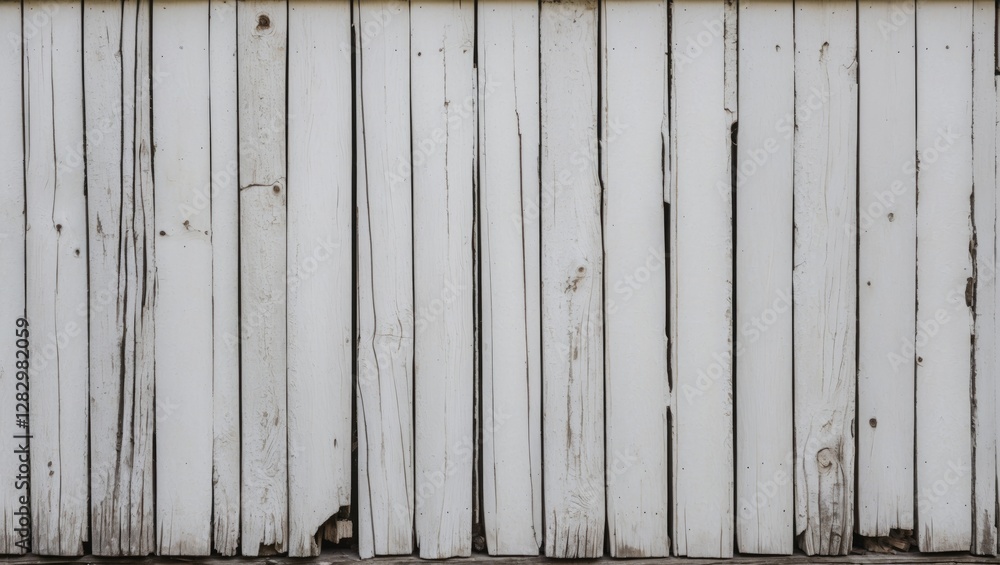 White wooden wall with weathered boards and visible textures and stains in a vertical arrangement White wooden wall with weathered boards and visible textures and stains in a vertical arrangement
