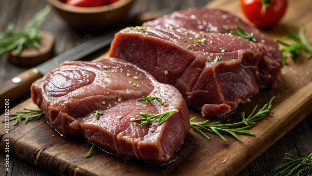 Raw beef steaks on a wooden cutting board with herbs and spices in a kitchen setting Raw beef steaks on a wooden cutting board with herbs and spices in a kitchen setting