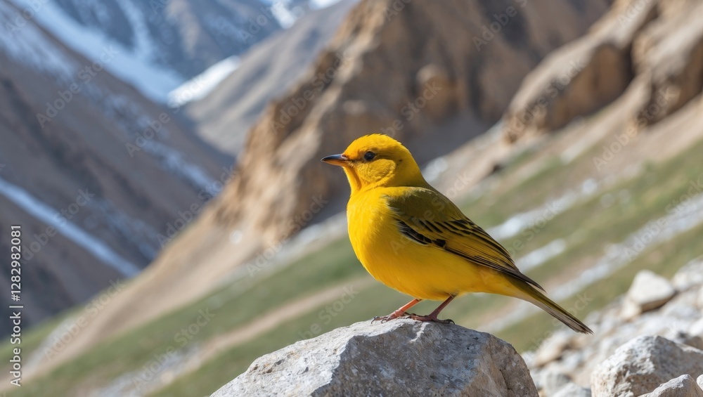 Fototapeta premium Yellow bird perched on a rock with mountainous landscape in the background under clear blue sky