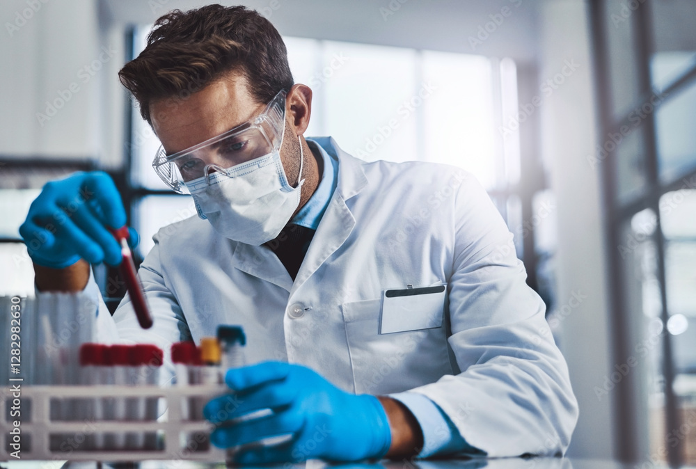 Man, scientist and check blood test at lab for medical diagnosis, study dna and drug development. Face mask, microscope and specimen with genes engineering, clinical research and healthcare vaccine Man, scientist and check blood test at lab for medical diagnosis, study dna and drug development. Face mask, microscope and specimen with genes engineering, clinical research and healthcare vaccine