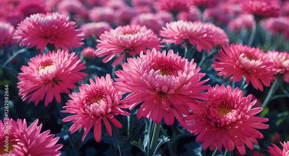 Field of vibrant pink chrysanthemums in full bloom with lush green foliage under bright sunlight. Field of vibrant pink chrysanthemums in full bloom with lush green foliage under bright sunlight.