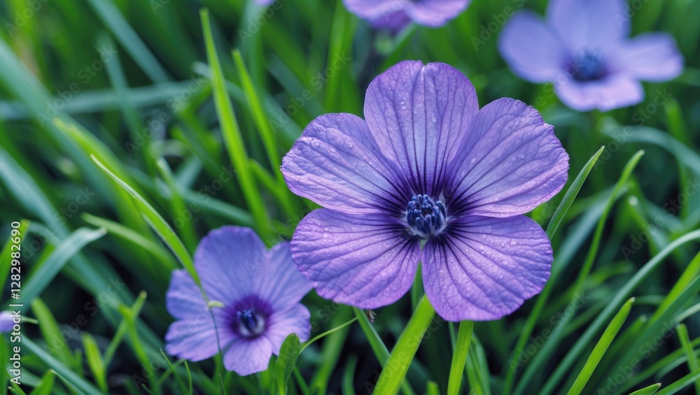 Purple flower in green grass with delicate petals and fine details under natural light, showcasing nature's beauty and flora diversity Purple flower in green grass with delicate petals and fine details under natural light, showcasing nature's beauty and flora diversity