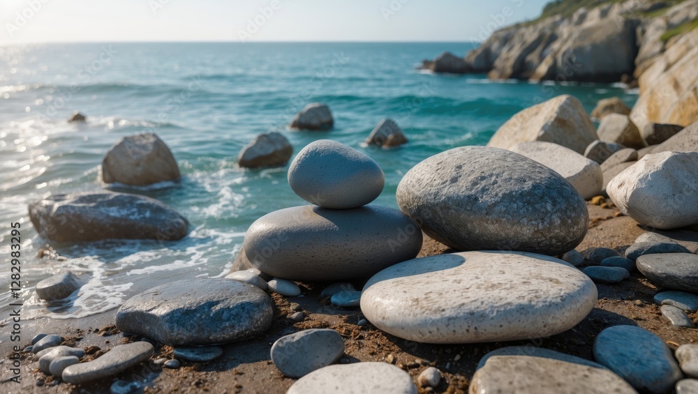 Smooth pebbles stacked on rocky shoreline with ocean and cliffs in the background during clear sunny day Smooth pebbles stacked on rocky shoreline with ocean and cliffs in the background during clear sunny day