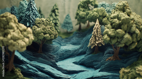 A detailed diorama of a forest made entirely from layered paper, with tiny trees and a textured paper stream.