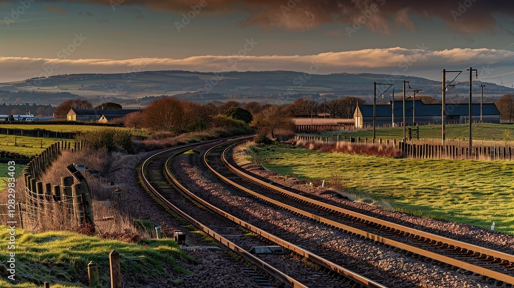 Railway tracks in rural area at sunset Railway tracks in rural area at sunset