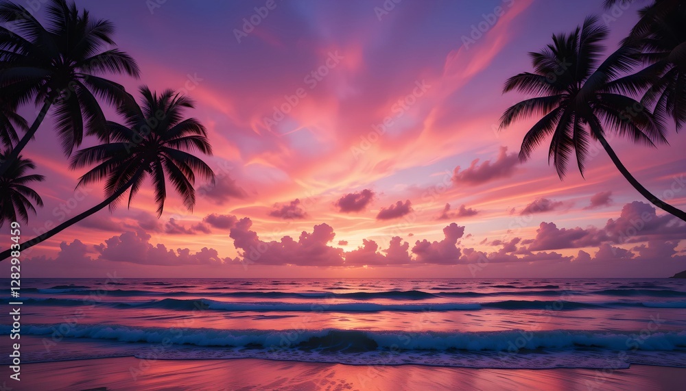 Stunning Sunset Over the Ocean with Palm Trees Silhouettes Against a Vibrant Pink and Purple Sky. Stunning Sunset Over the Ocean with Palm Trees Silhouettes Against a Vibrant Pink and Purple Sky.
