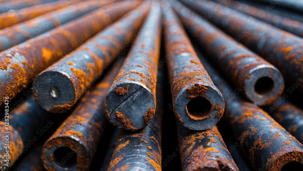 Rusty metal rods stacked closely together in an industrial setting showing detailed texture and surface corrosion. Rusty metal rods stacked closely together in an industrial setting showing detailed texture and surface corrosion.