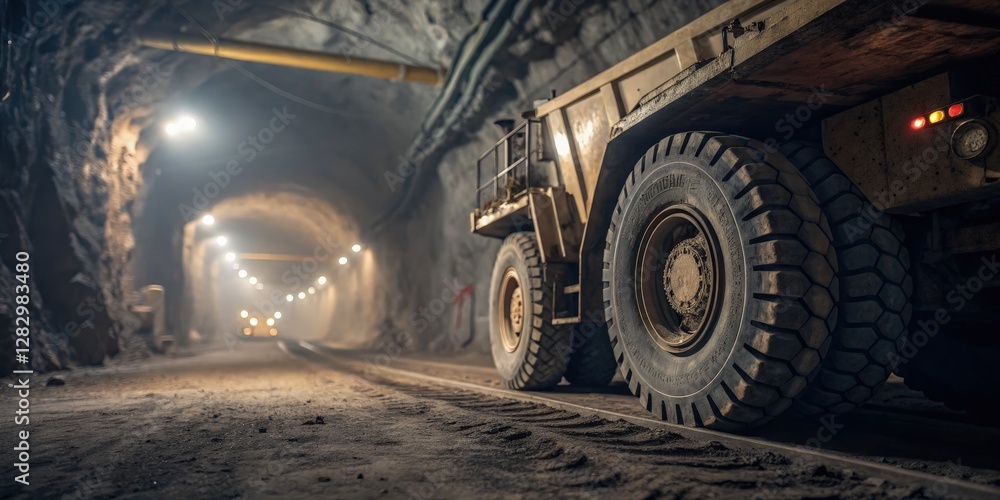 Close up of an Underground Mining Truck in Detailed Terrain. Generative AI Close up of an Underground Mining Truck in Detailed Terrain. Generative AI