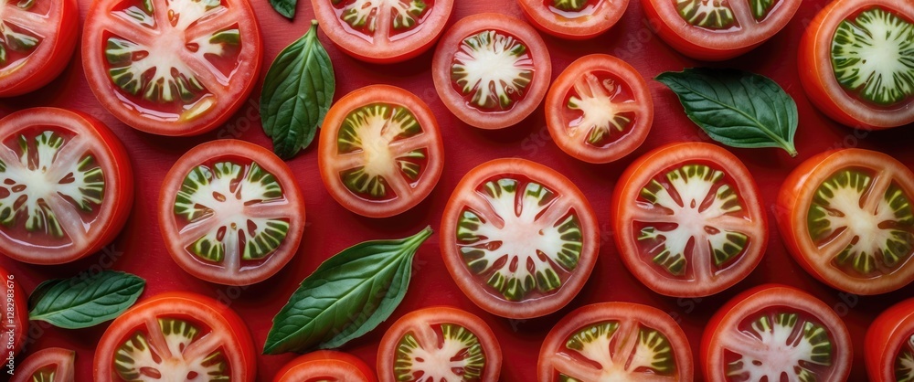 Sliced tomatoes arranged in a flat lay with fresh basil leaves on a red background showcasing vibrant colors and textures