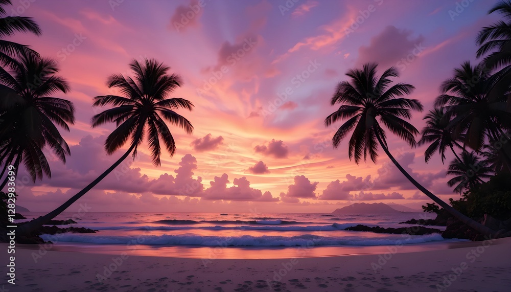 Stunning Sunset Over the Ocean with Palm Trees Silhouettes Against a Vibrant Pink and Purple Sky. Stunning Sunset Over the Ocean with Palm Trees Silhouettes Against a Vibrant Pink and Purple Sky.