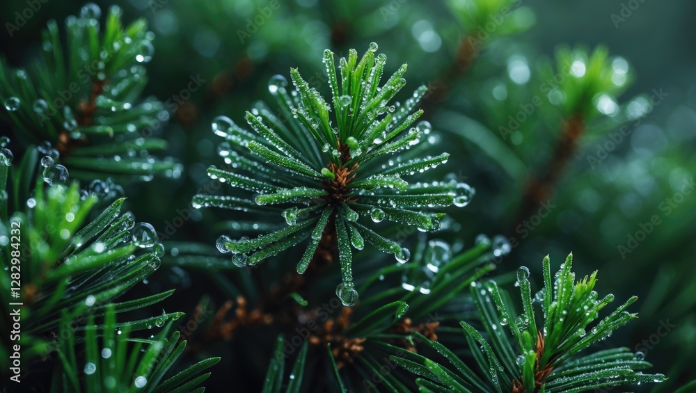 Close-up of pine tree branches with fresh water droplets on green needles after rain in natural environment
