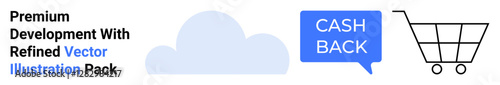 Cloud icon, cashback speech bubble, and shopping cart highlight e-commerce, cloud computing, and rewards. Ideal for technology, sales, finance, marketing e-commerce advertising flat landing page
