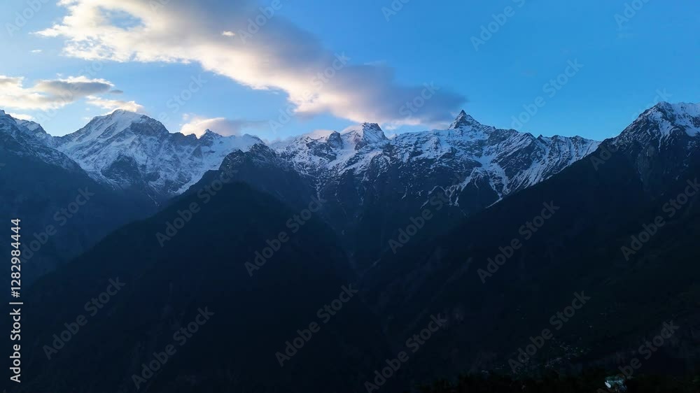 Aerial drone shot of Kalpa from above, revealing its breathtaking Himalayan surroundings and Kinner Kailash. Aerial drone shot of Kalpa from above, revealing its breathtaking Himalayan surroundings and Kinner Kailash.