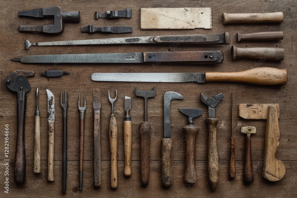 Crafting tools display workshop tool collection rustic environment top-down view craftsmanship concept Crafting tools display workshop tool collection rustic environment top-down view craftsmanship concept