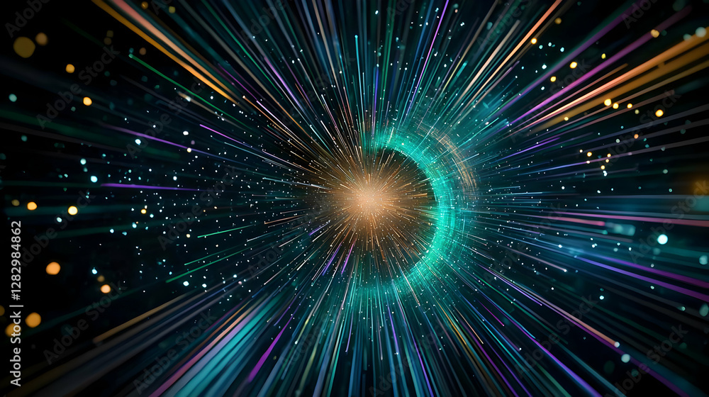 Naklejka premium Abstract Digital Tunnel with Vibrant Light Trails and Particle Effects in a Futuristic Visualization