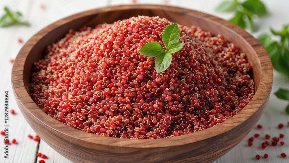 Red quinoa grains in a wooden bowl with fresh green leaves on a rustic white wooden surface Red quinoa grains in a wooden bowl with fresh green leaves on a rustic white wooden surface