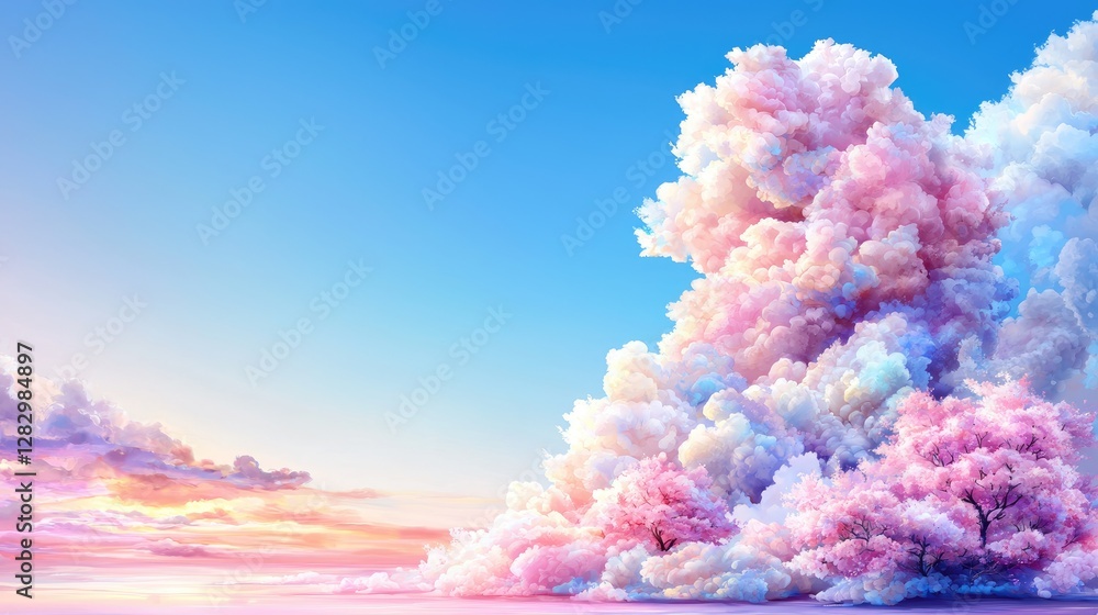 Fototapeta premium Pastel cloudscape, pink trees, sunset, fantasy landscape, ideal for website backgrounds