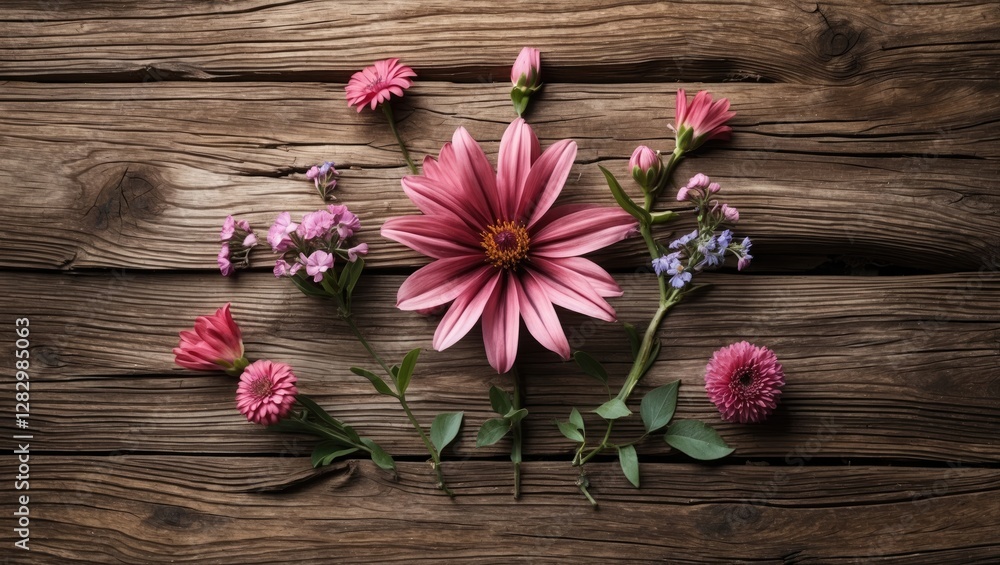 Pink flowers arranged artfully on rustic wooden background showcasing variety of floral types and colors in natural setting Pink flowers arranged artfully on rustic wooden background showcasing variety of floral types and colors in natural setting