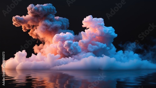 Colorful smoke clouds reflecting in water with dark background and illuminated edges, creating a dramatic and abstract visual effect