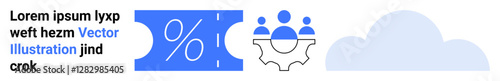 Gear symbol with team figures, percentage sign on a ticket, and a cloud. Ideal for teamwork, cloud computing, collaboration, discounts, productivity, digital platforms abstract line flat metaphor