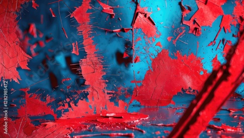 Red and blue abstract background with fragmented textures and layers of paint peeling off surfaces.