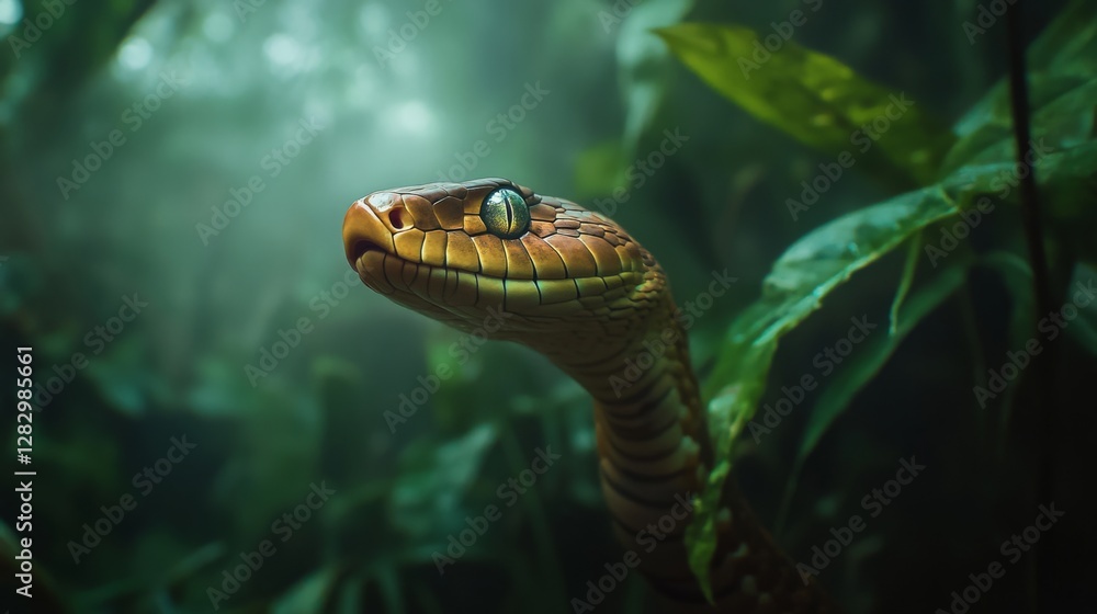Obraz premium A stunning close-up of a snake in a lush jungle setting. The vibrant colors and intricate details captivate the wild essence of nature. A glimpse into the unseen world. Generative AI