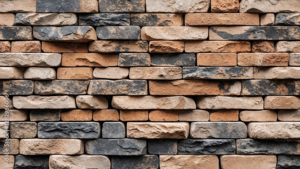Textured wall of rectangular stones in varying shades of gray and brown creating a rustic background. Textured wall of rectangular stones in varying shades of gray and brown creating a rustic background.