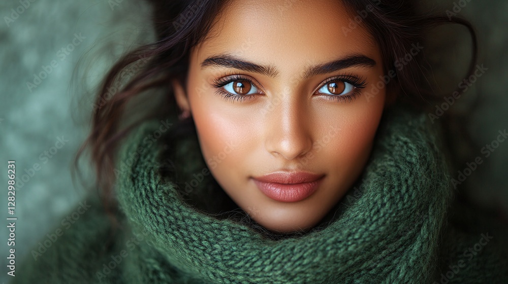 Naklejka premium indian woman in green sweater close up portrait with confident expression natural beauty and stylish fashion elegant face with thoughtful gaze and relaxed posture in warm and soft lighting