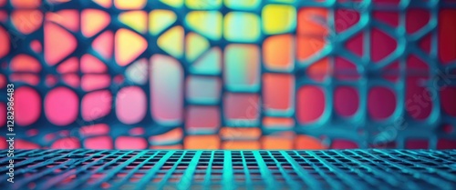 Colorful abstract geometric background with soft focus and grid texture in vibrant tones of pink, blue, and orange