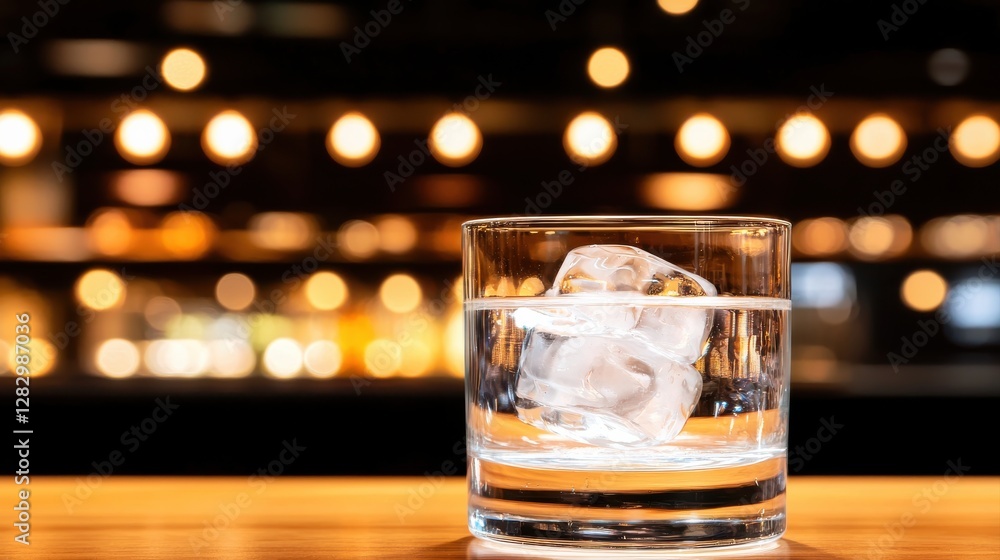 A clear glass of water with ice sits on a wooden surface, surrounded by a softly lit bar atmosphere with blurred lights in the background. A clear glass of water with ice sits on a wooden surface, surrounded by a softly lit bar atmosphere with blurred lights in the background.