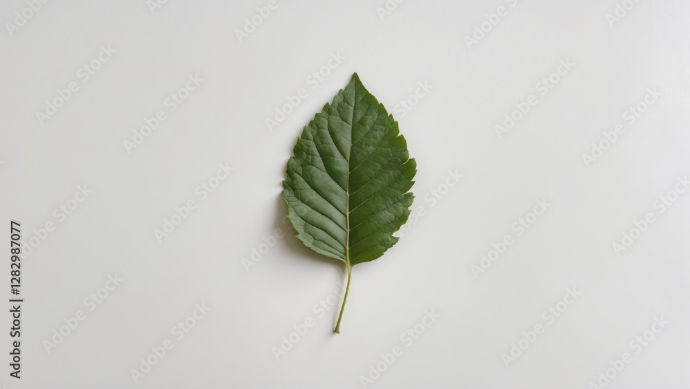 Green leaf on a plain white background showcasing detailed textures and anatomy of the leaf structure. Green leaf on a plain white background showcasing detailed textures and anatomy of the leaf structure.