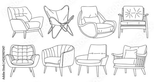 Set of different modern armchairs in trendy scandinavian style. Hand drawn black ink sketch of interior design furniture elements. Monochrome vector illustration isolated 