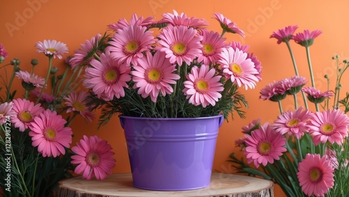 Wallpaper Mural Pink daisies in a purple pot surrounded by more daisies against an orange background, arranged on a wooden platform. Torontodigital.ca