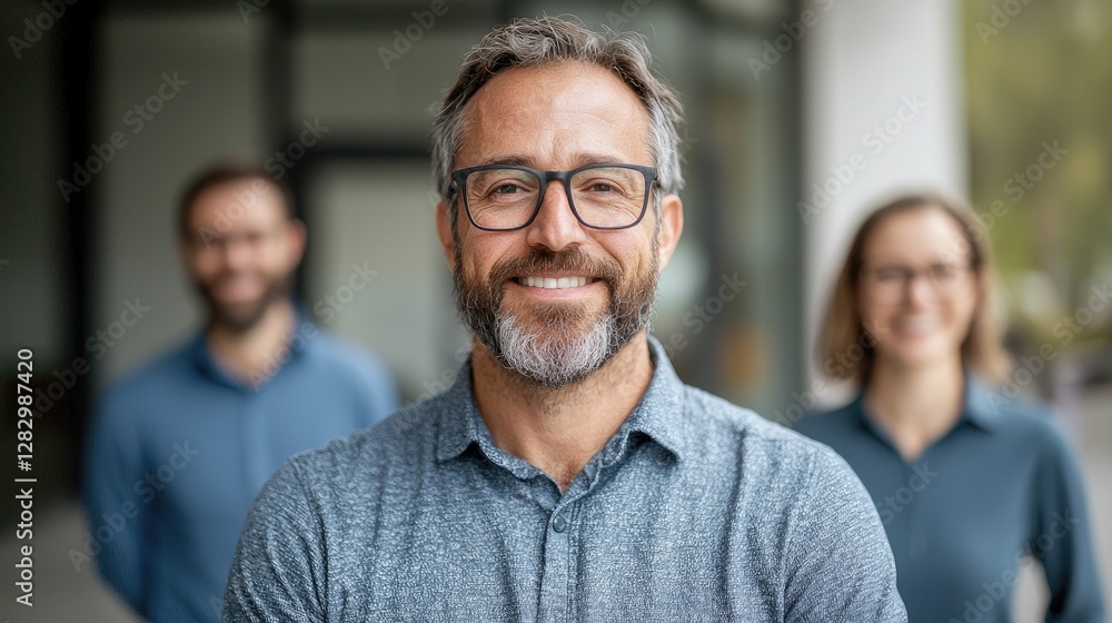 Business Team Portrait, Centered on Smiling Man, Office Building Background. Possible use Stock photo for business articles, presentations, website Business Team Portrait, Centered on Smiling Man, Office Building Background. Possible use Stock photo for business articles, presentations, website