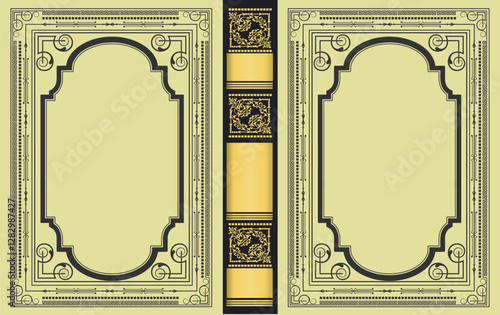 015-18-Classic book cover and spine design with intricate frames, decorative borders, and flourishes, ideal for vintage or antique book projects. Hand drawn Illustration